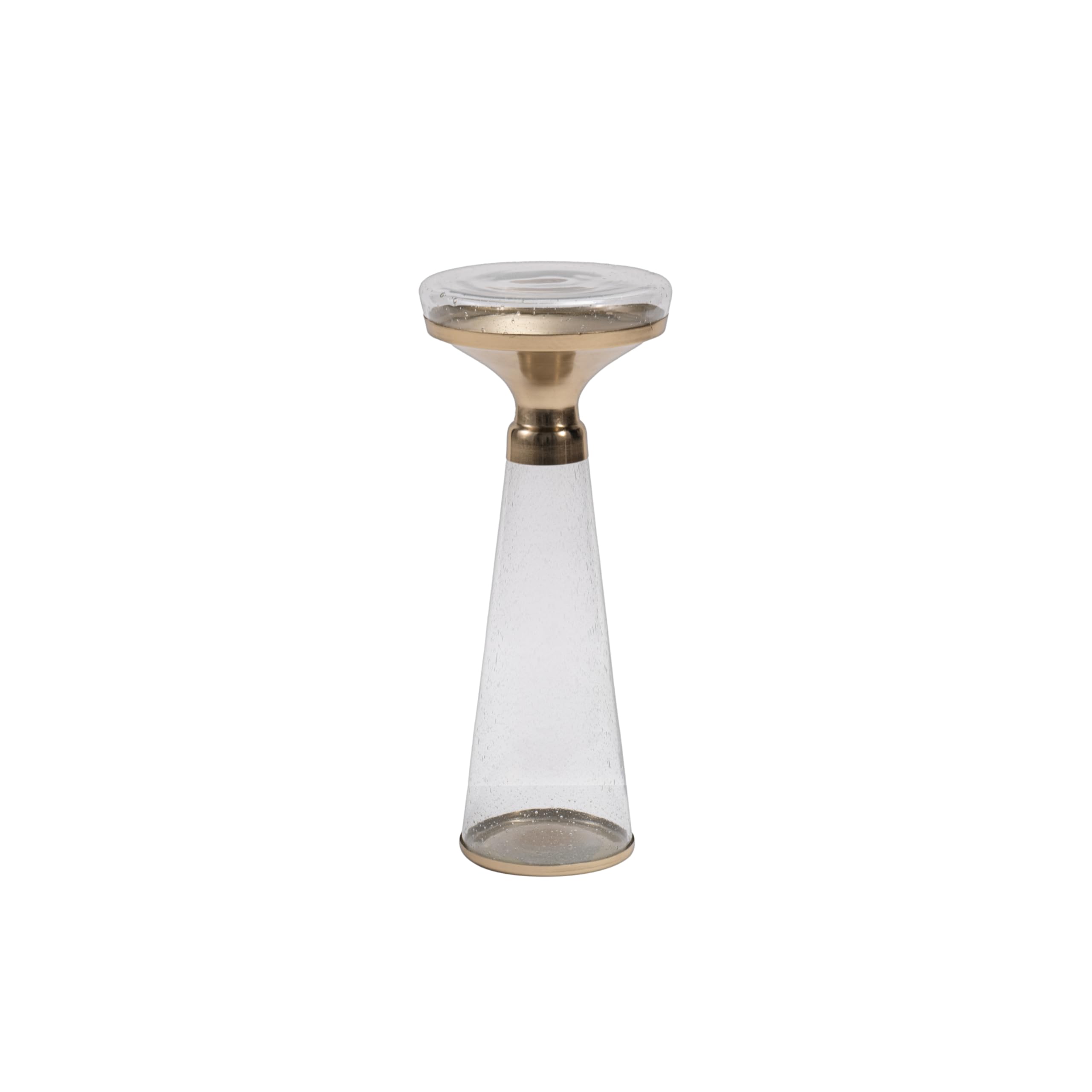 Modern Decorative Round Drink Table with Glass Base and Top with Gold Metal Accent, Martini, Gold Pedestal Table, Tall Side Table, Small Space end Table, for Living Room & Bedroom, Clear,Assembled