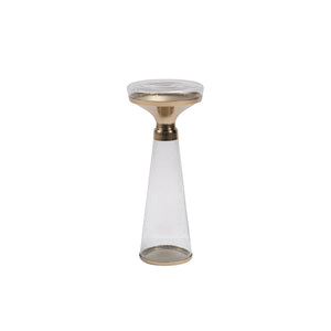 Modern Decorative Round Drink Table with Glass Base and Top with Gold Metal Accent, Martini, Gold Pedestal Table, Tall Side Table, Small Space end Table, for Living Room & Bedroom, Clear,Assembled