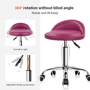 PU Leather Round Rolling Stool with Back Rest Height Adjustable Swivel Drafting Work SPA Medical Task Chair with Wheels (Rose red)