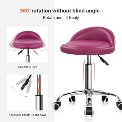 PU Leather Round Rolling Stool with Back Rest Height Adjustable Swivel Drafting Work SPA Medical Task Chair with Wheels (Rose red)