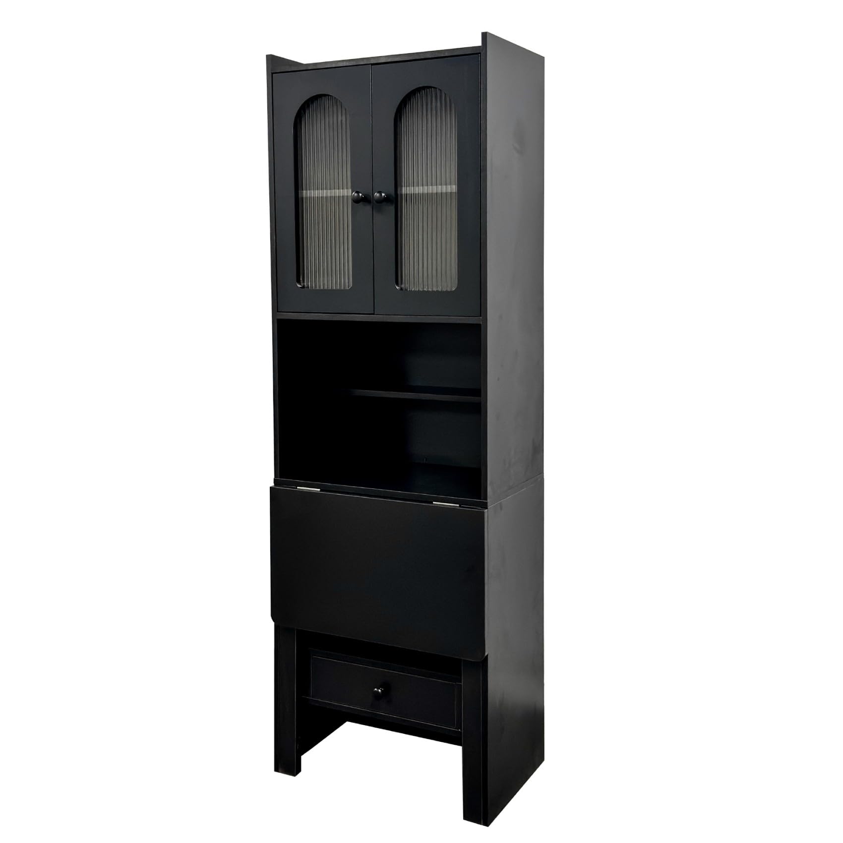 Fold-Out Home Office Desks Writing Table with Glass Doors, Drawers, Bookshelf & Storage Shelves, Modern Wooden Convertible Workstation for Work, Study