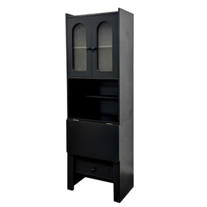 Fold-Out Home Office Desks Writing Table with Glass Doors, Drawers, Bookshelf & Storage Shelves, Modern Wooden Convertible Workstation for Work, Study