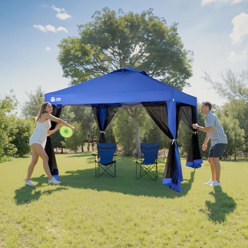 10x10 Pop Up Gazebo Canopy with Mosquito Netting, Instant Screen Tent with Wheeled Carry Bag & Sandbags,Easy Set Up Outdoor Canopy for Patio,Backyard,Camping & Events,Blue
