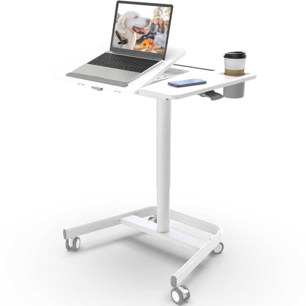 Mobile Standing Desk, Height Adjustable Table, 60° Tiltable Rolling Laptop Desk, Portable Sit Stand Desk with Wheels Cup Holder for Bed Couch School, Holds Up to 22lbs, White
