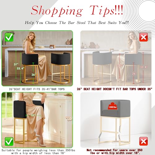26" Modern Counter Height Bar Stools,Velvet Fabric Upholstered Barrel Barstools with Backs,Island Chairs Bar Stools Set of 1,Metal Gold Frames,Ink Black Velvet