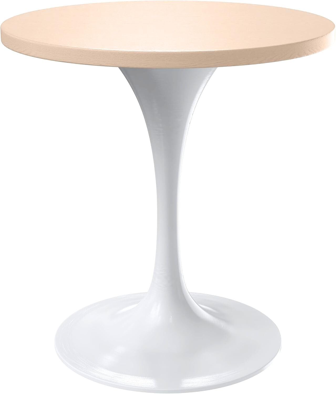 Mid-Century Modern 27 Inch Round Dining Table, MDF Wood Tabletop with White Steel Pedestal Base, Contemporary Kitchen & Dining Room, Small Space Breakfast Table, Light Natural Wood