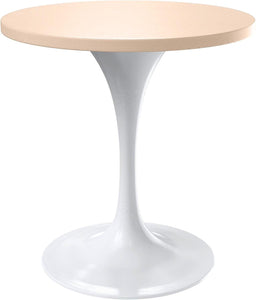 Mid-Century Modern 27 Inch Round Dining Table, MDF Wood Tabletop with White Steel Pedestal Base, Contemporary Kitchen & Dining Room, Small Space Breakfast Table, Light Natural Wood