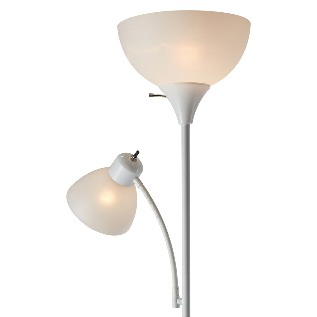 72" Torchiere Floor Lamp with Adjustable Reading Light, Matte White Finish, Frosted Shades, Rotary Switch on Socket, E26 Base