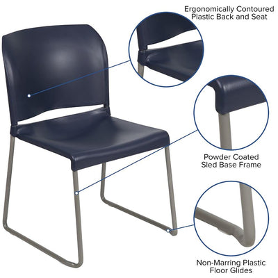 HERCULES Series 880 lb. Capacity Navy Full Back Contoured Stack Chair with Gray Powder Coated Sled Base