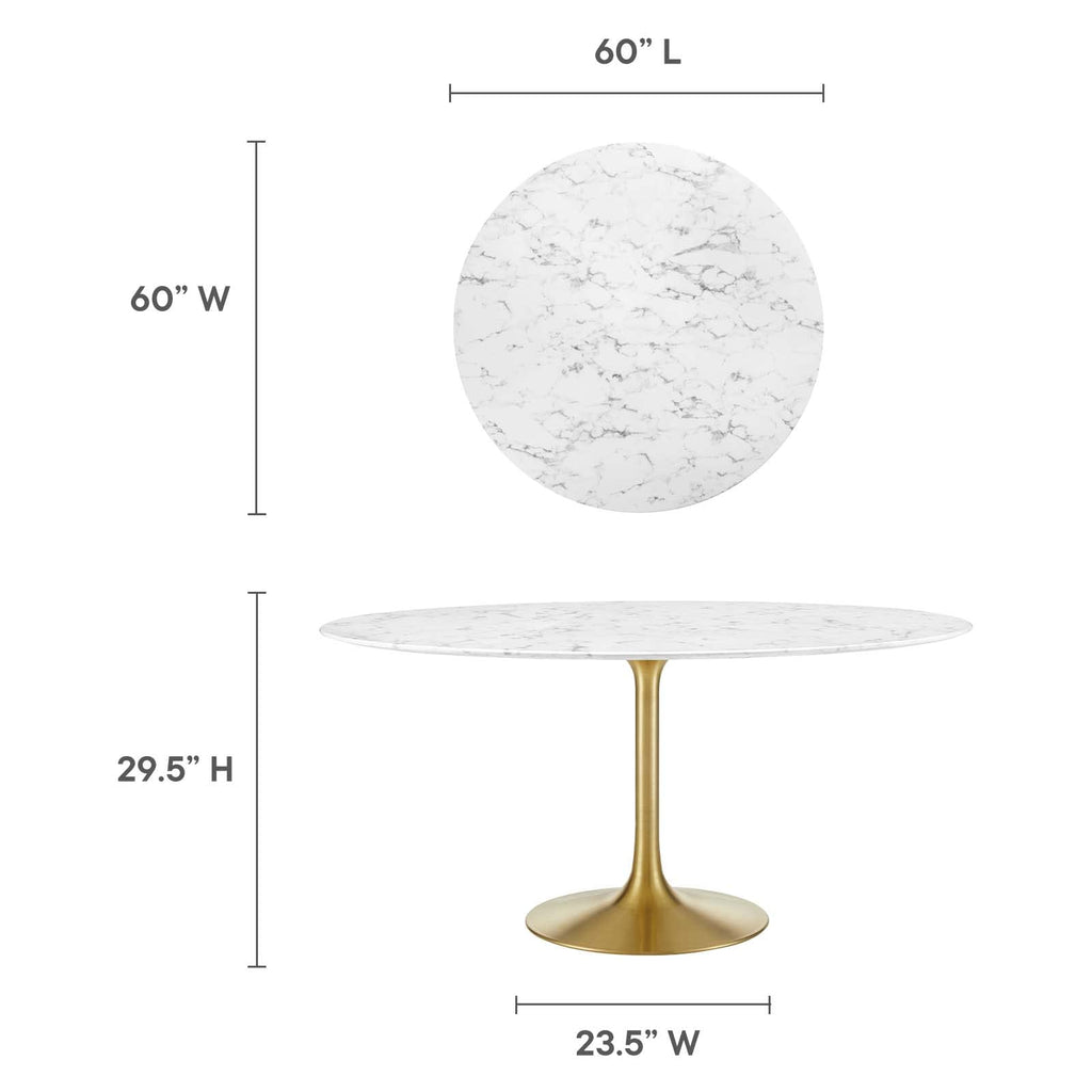 60" Mid-Century Dining Table with Round Artificial Marble Top in Gold White