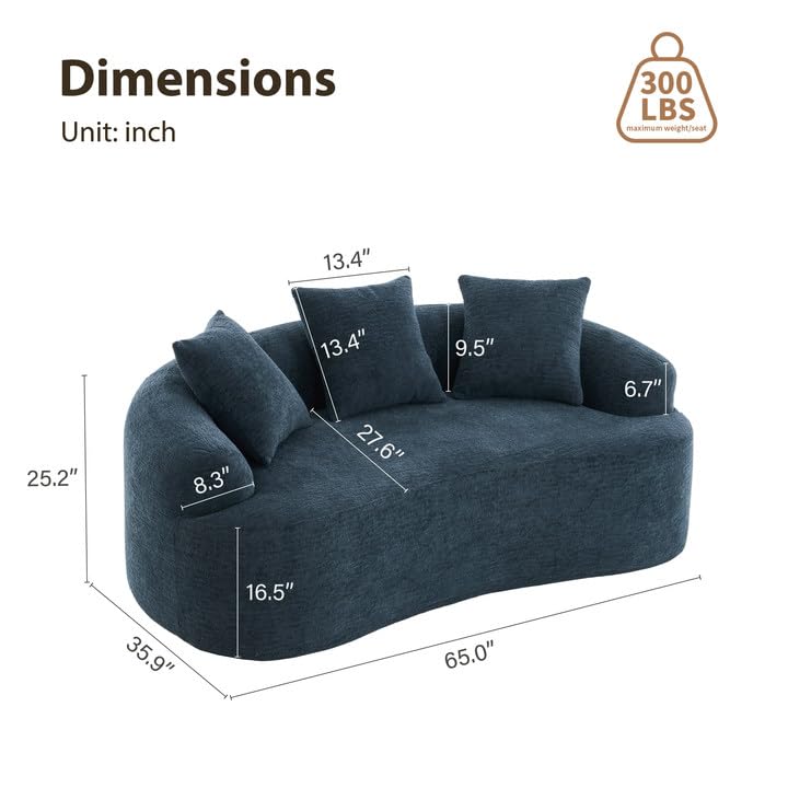 65'' Modern Small Loveseat Sofa, Chenille Upholstered Couch, Space-Saving Design, Plush Comfort Sofa with 3 Pillows, No Assembly Needed, for Small Spaces Living Room Apartment,Blue