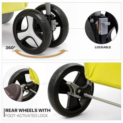 Foldable Pet Stroller with Waterproof Cover, 3-Wheels Dog Strolling Cart for Small/Medium Dogs and Cats with Storage Basket and Cup Holder, Breathable and Visible Mesh for All-Season, Yellow