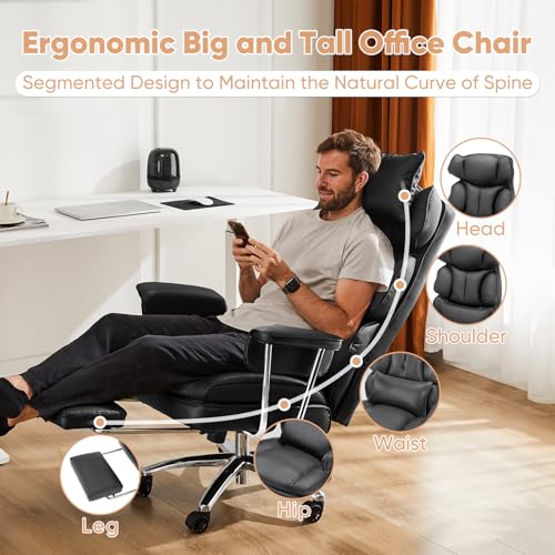 Executive Home Office Desk Chair - Ergonomic Big Tall High Back with Footrest & Lumbar Support, Reclining Height Adjustable, Comfy PU Leather Computer Gaming with Swivel Wheels, Black