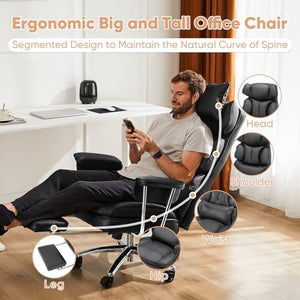 Executive Home Office Desk Chair - Ergonomic Big Tall High Back with Footrest & Lumbar Support, Reclining Height Adjustable, Comfy PU Leather Computer Gaming with Swivel Wheels, Black