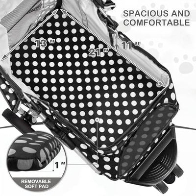 3 Wheels Pet Dog Cat Stroller for Small Medium Dogs Cats, Foldable Jogger Stroller w/Storage Basket and Cup Holder, Black Polka Dots