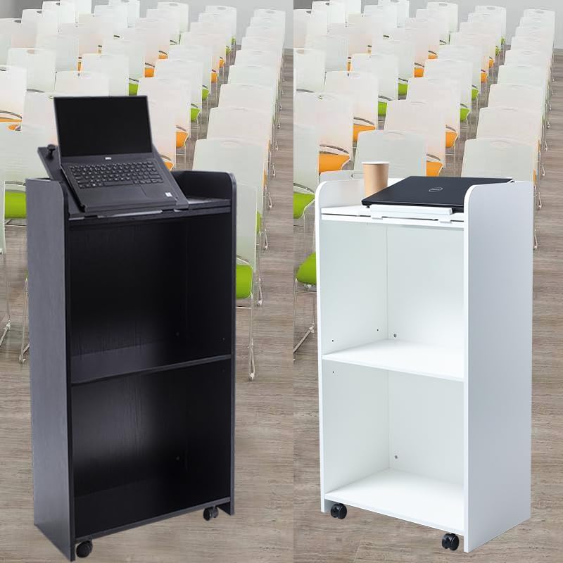Lecterns & Podiums, Podium Stand with Wheels and Storage Layer, Portable Podium Reception Desk, Suitable for Church pulpits, Mobile lecterns for Meetings, and classrooms (White) (Black)