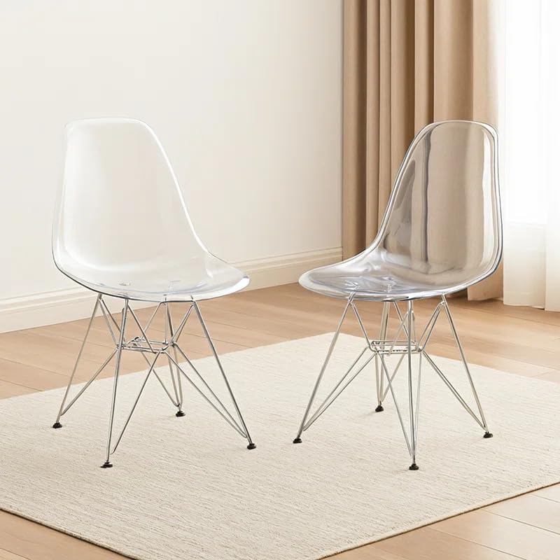 Dining, Modern Chrome Eiffel Base and Curved Back Design, Ergonomic and Lightweight Accent Side Chair for Mid-Century Home, Kitchen, and Café (Clear, Set of 2)