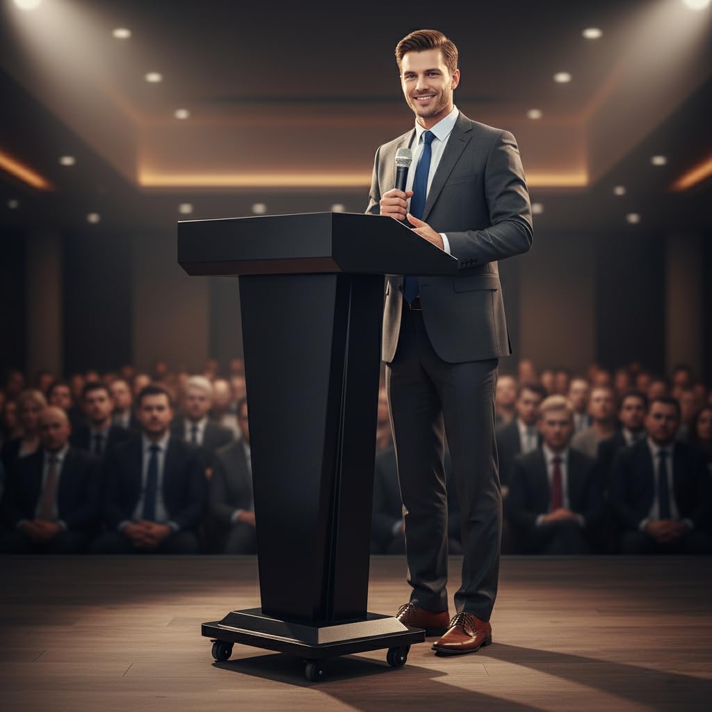 Metal Podium Stand with 4 Locking Wheels, Mobile Metal Lectern with Storage Cabinets, Laptop Desk, 46.5”H Modern Pulpit for Church, School, Office and Conference, Black