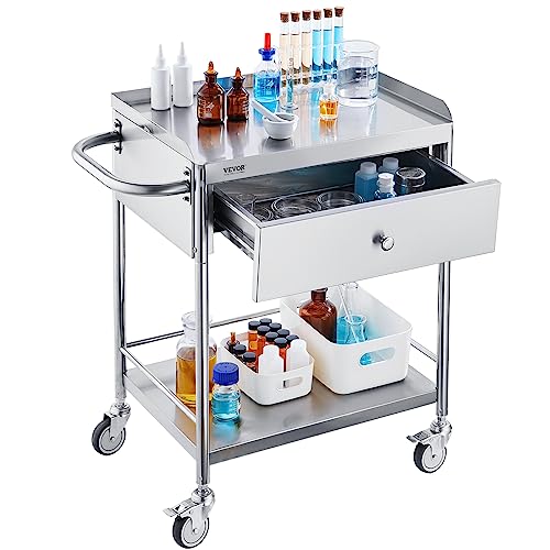 Medical Cart, 2-Layer Stainless Steel Cart 220 lbs Weight Capacity, Lab Utility Cart with 360° Silent Wheels and a Drawer for Lab, Clinic, Kitchen, Salon