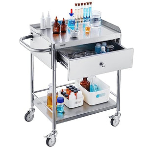 Medical Cart, 2-Layer Stainless Steel Cart 220 lbs Weight Capacity, Lab Utility Cart with 360° Silent Wheels and a Drawer for Lab, Clinic, Kitchen, Salon