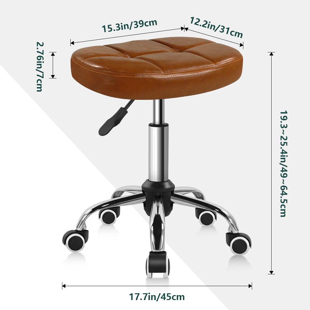 6-Square Lattice PU Swivel Stool with Wheel for Work SPA Shop Massage Height-Adjustable and Cost-Effective Rolling Stool Chair (Brown)
