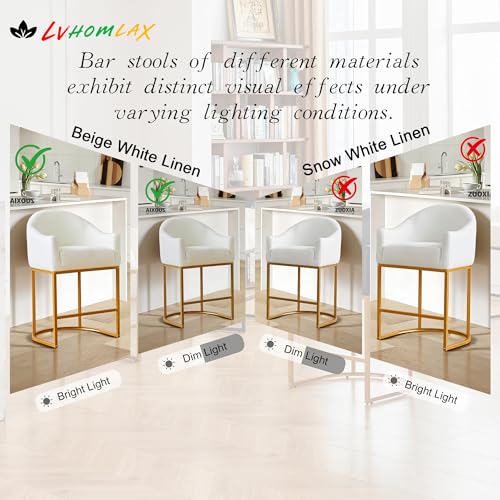 26" Modern Counter Height Bar Stools,Barstools with Arms,Kitchen Island Chairs,Fabric Upholstered Barrel Bar Stools with Backs,Metal Gold Frames,Off White Linen