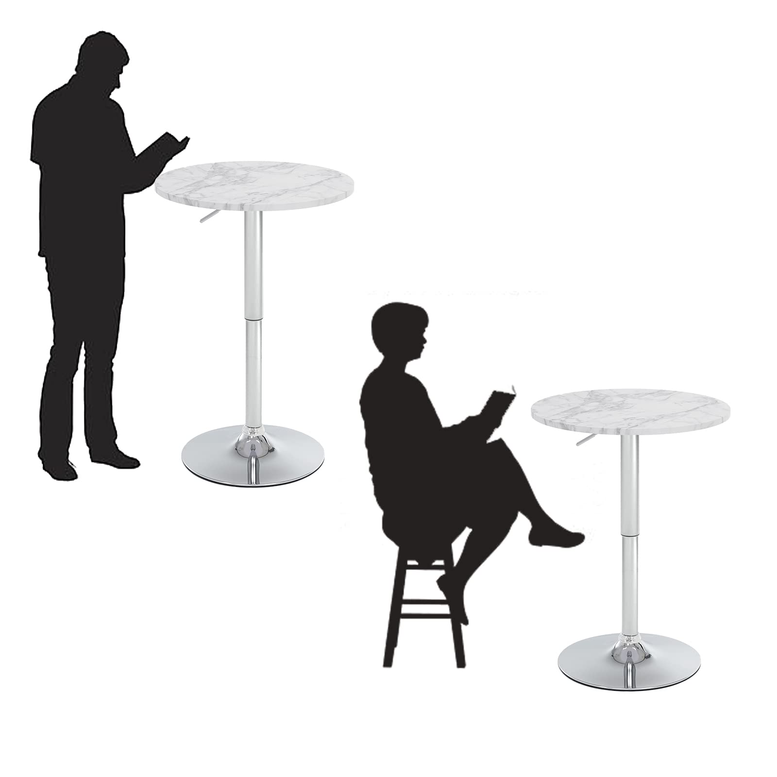 23.6" Round Bar Table, Adjustable Height Bar Table, Modern Cocktail Tables with MDF Top and Metal Base, Bistro Pub Tables Suitable for Cafe, Kitchen Island, Bar Counter, White