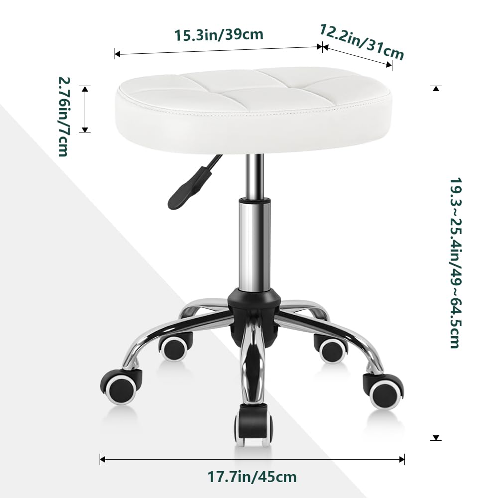 White 6-Square Lattice PU Swivel Stool with Wheel for Work SPA Shop Massage Height-Adjustable and Cost-Effective Rolling Stool Chair