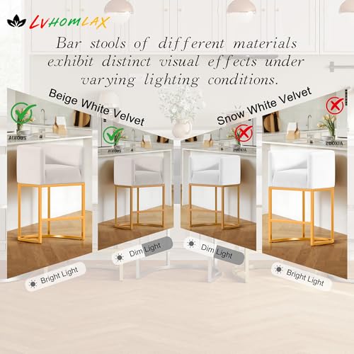 26" Modern Counter Height Bar Stools,Velvet Fabric Upholstered Barrel Barstools with Backs,Island Chairs bar stools Set of 1,Metal Gold Frames,Beige White Velvet