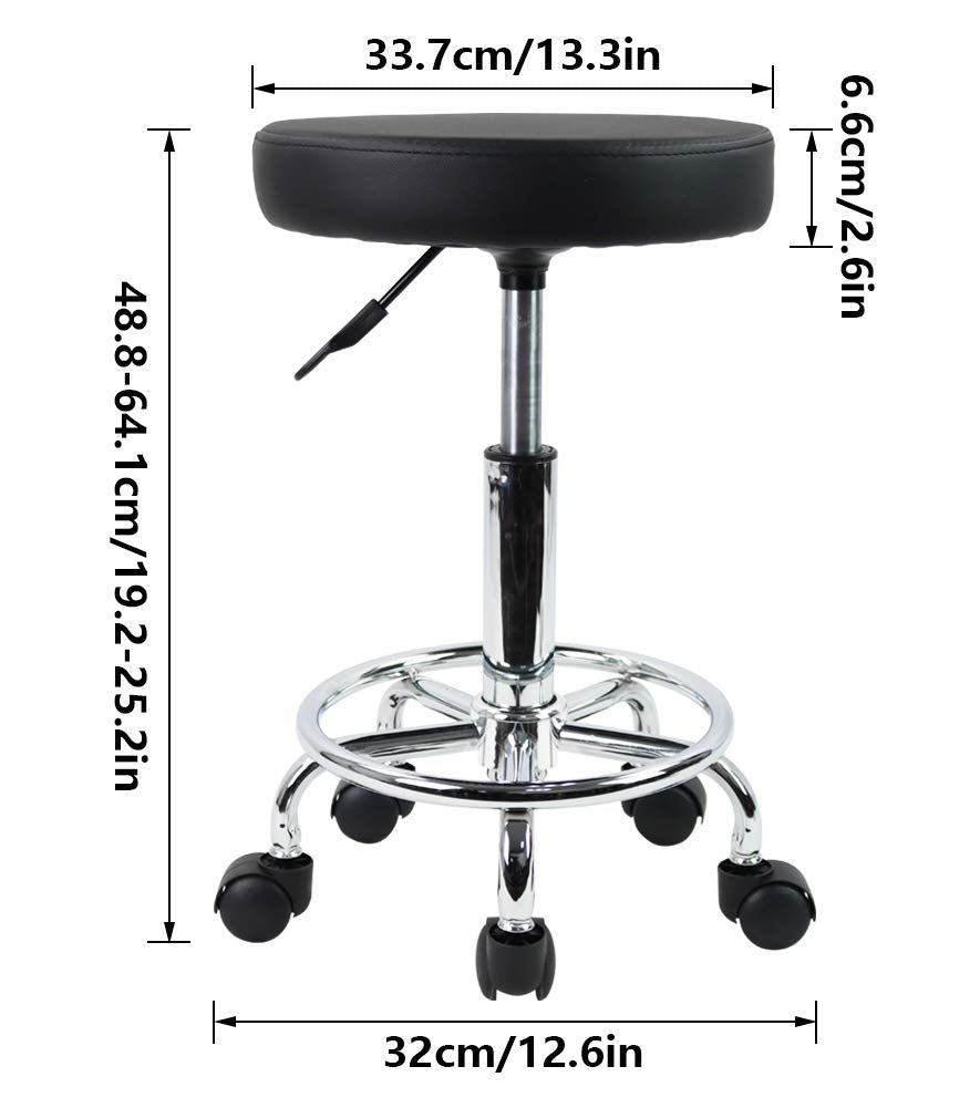 PU Leather Round Rolling Stool with Foot Rest Swivel Height Adjustment Spa Drafting Salon Tattoo Work Office Massage Stools Task Chair Small (Black)