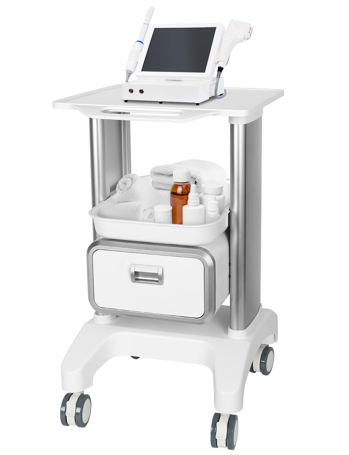 Medical Trolley Cart Mobile Ultrasound Cart 130 LBS Load Professional Portable Storage Drawer with 4 Silent Wheels Tray for Hospital Dental Clinic Beauty Salon Office Bedroom