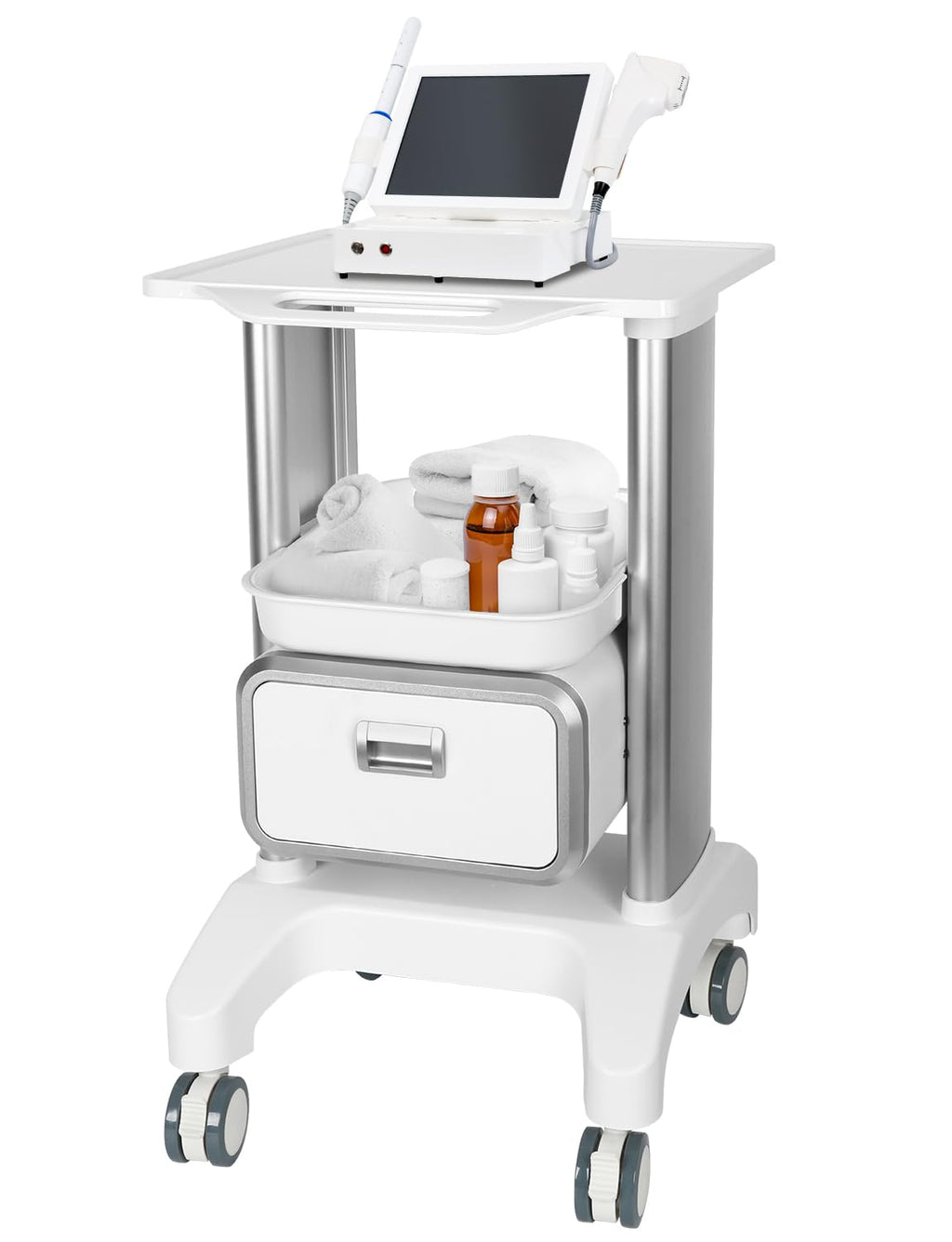 Medical Trolley Cart Mobile Ultrasound Cart 130 LBS Load Professional Portable Storage Drawer with 4 Silent Wheels Tray for Hospital Dental Clinic Beauty Salon Office Bedroom
