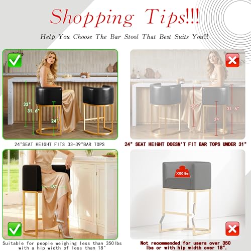 Modern Counter Height Bar Stools,Bar Stools Set of 2,PU Leather Upholstered Barrel Barstools with Backs,24'' Kitchen Island Chairs,Metal Gold Frames,Ink Black Leather