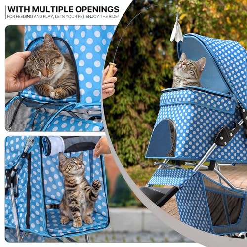 3 Wheels Pet Dog Cat Stroller for Small Medium Dogs Cats, Foldable Jogger Stroller w/Storage Basket and Cup Holder, Sky Blue Polka Dots