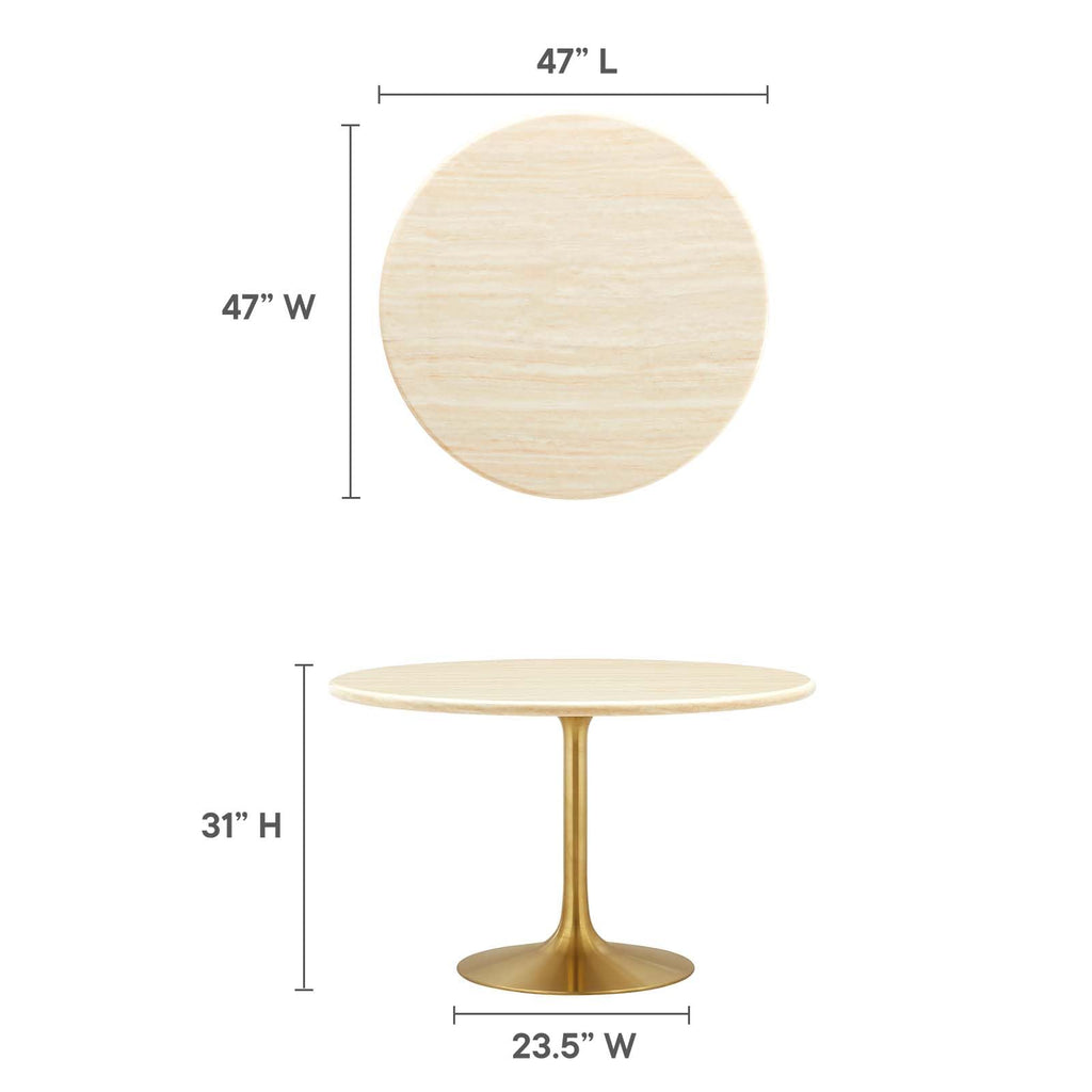 48" Round Artificial Dining Table with Tapered, Metal Base, Gold Travertine