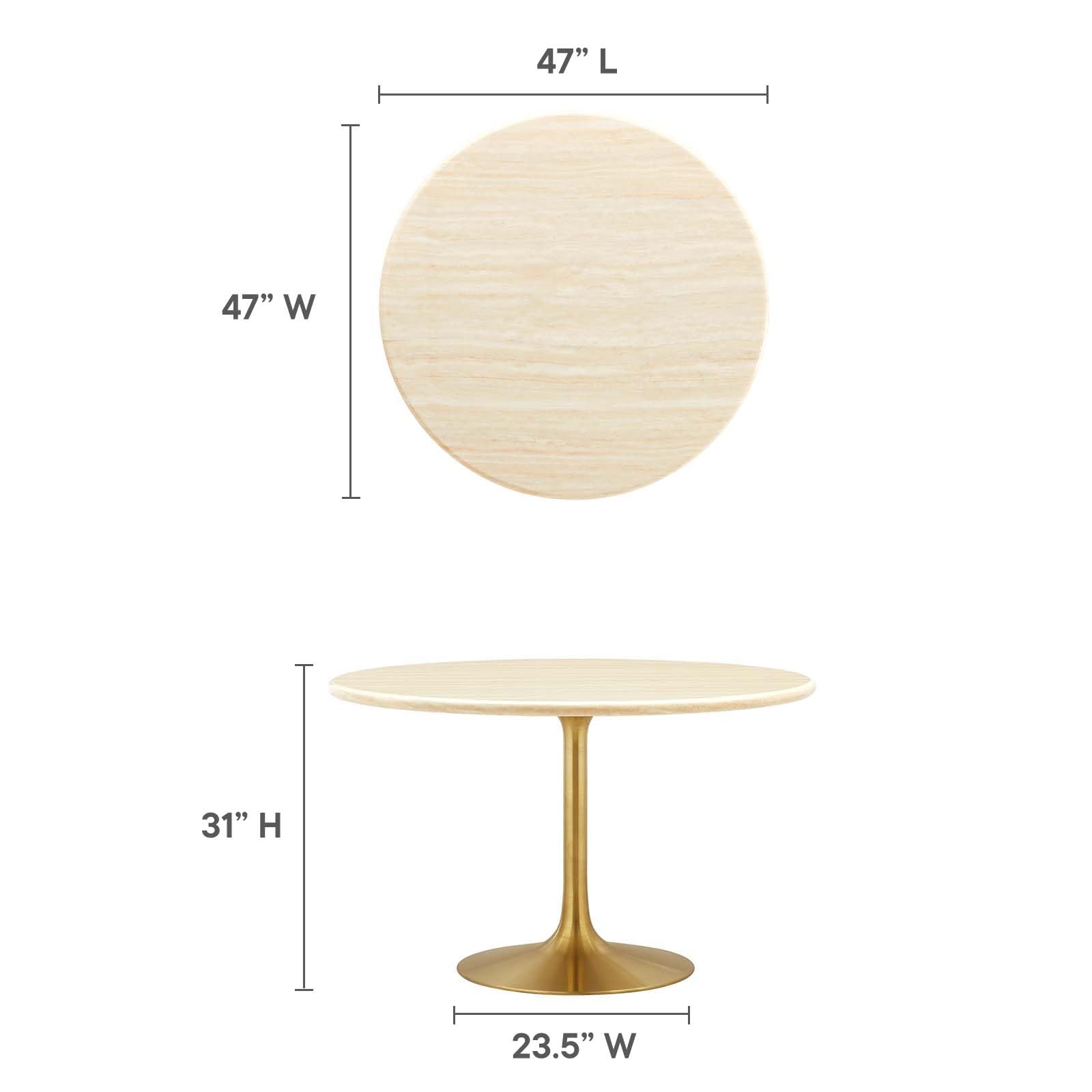 48" Round Artificial Dining Table with Tapered, Metal Base, Gold Travertine
