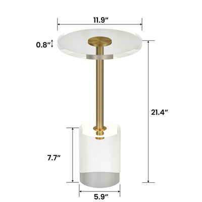 Clear Acrylic End Table, Modern Minimalist Round Side Table with Solid Base for Living Room, Bedroom, and Office, 12x12 inch, Easy Assembly, Transparent Design, Brushed Brass Metal Accent