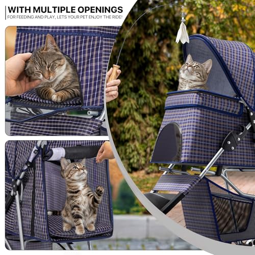 3 Wheels Pet Dog Cat Stroller for Small Medium Dogs Cats, Lightweight Foldable Jogger Stroller w/Storage Basket and Cup Holder, Plaid