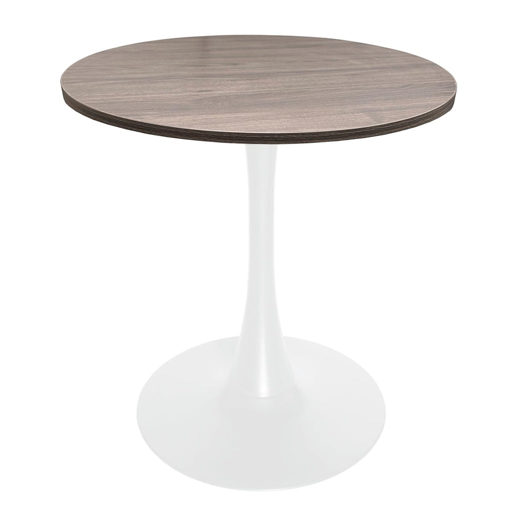 27" Wide Round Dining Table, Modern MDF Wood Top & White Metal Pedestal Base Gloss Finish Accent Table Mid-Century Café Table, Kitchen Dining Room Furniture, Dark Walnut