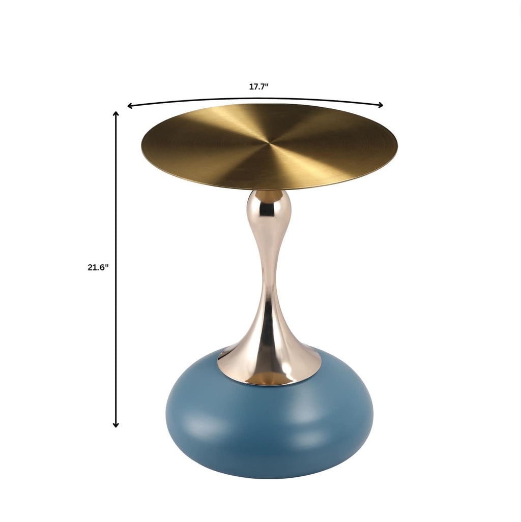 Modern Round Side Table with Gold Stainless Steel Top, Gold Pedestal Stem & Glossy Base, Accent End Table for Living Room, Bedroom, or Small Spaces, 17.7" × 21.6", Blue