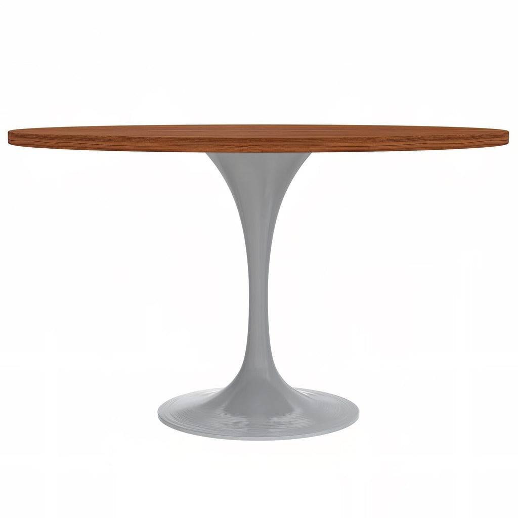 Mid-Century Modern 48 Inch Round Dining Table, MDF Wood Tabletop with White Steel Pedestal Base, Large Pedestal Kitchen & Dining Room Table, Breakfast Nook Table (Cognac Brown)
