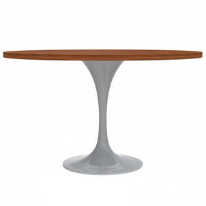 Mid-Century Modern 48 Inch Round Dining Table, MDF Wood Tabletop with White Steel Pedestal Base, Large Pedestal Kitchen & Dining Room Table, Breakfast Nook Table (Cognac Brown)