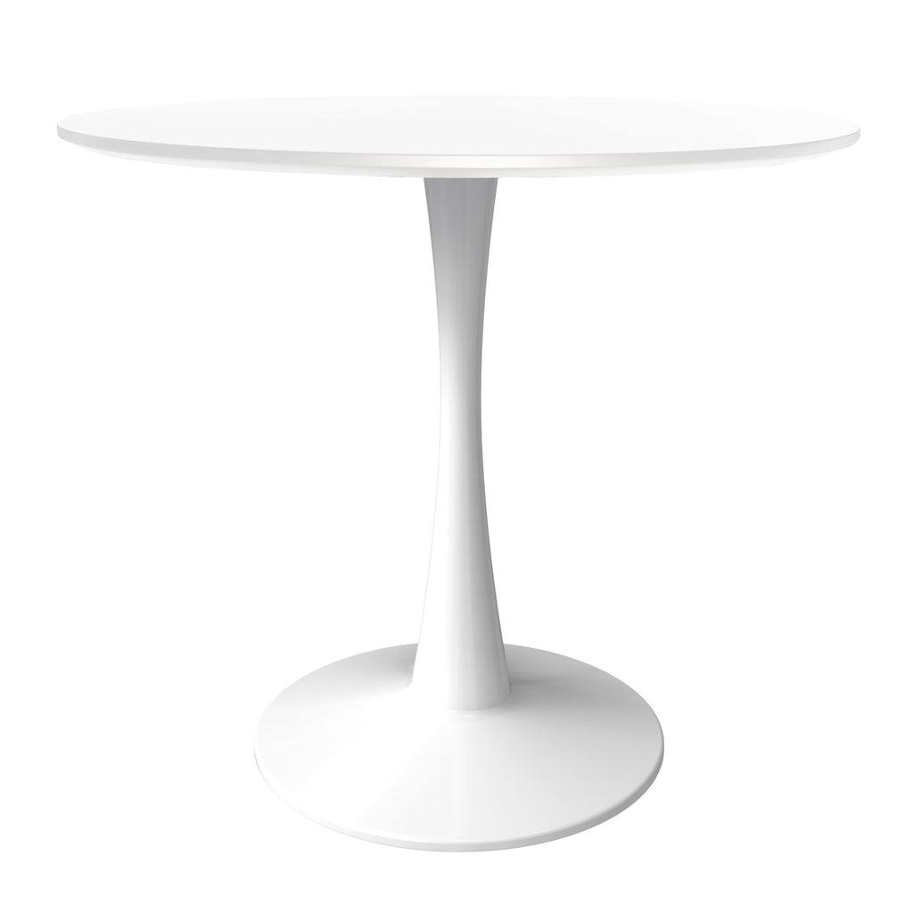24" Wide Round Dining Table, Modern MDF Wood Top & White Metal Pedestal Base Gloss Finish Accent Table Mid-Century Café Table, Kitchen Dining Room Furniture, White