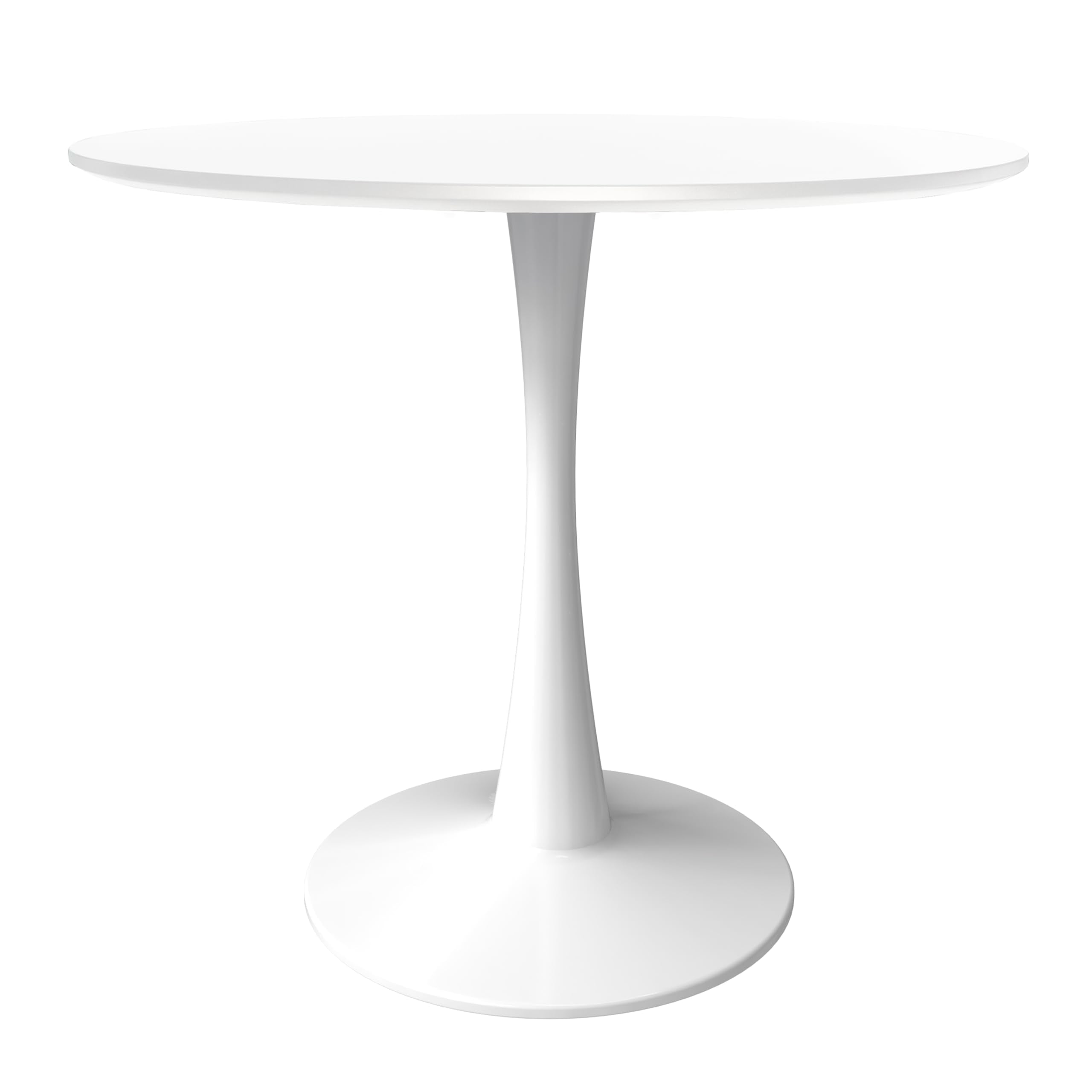 24" Wide Round Dining Table, Modern MDF Wood Top & White Metal Pedestal Base Gloss Finish Accent Table Mid-Century Café Table, Kitchen Dining Room Furniture, White