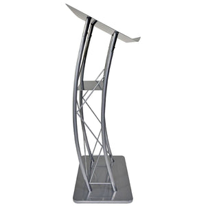 Large Curved Lectern with Shelf, Stand Up Church Pulpit, Slanted Lectern, Conference Podium for Speakers, Speeches, and Other Occasions- Truss Lectern, Silver Powder Coat Finish, Metal