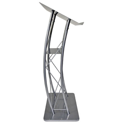 Large Curved Lectern with Shelf, Stand Up Church Pulpit, Slanted Lectern, Conference Podium for Speakers, Speeches, and Other Occasions- Truss Lectern, Silver Powder Coat Finish, Metal