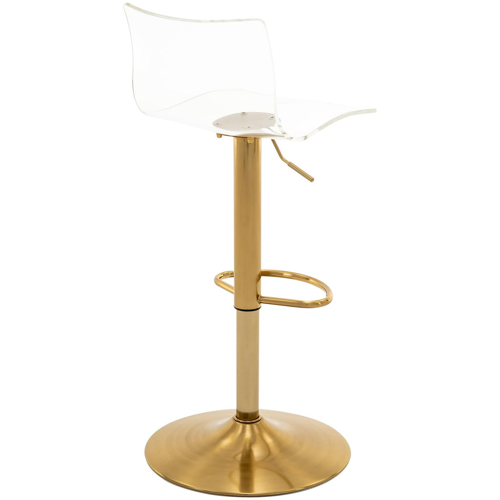 Acrylic Bar Stools with Mid Back, Set of 2, Transparent Adjustable Swivel Airlift Barstools, Counter Height Bar Chairs for Kitchen Dining Pub Cafe (Clear, Gold Base)