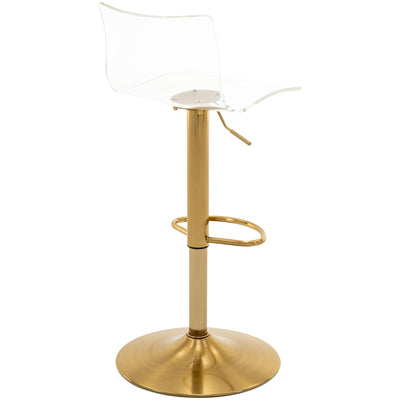 Acrylic Bar Stools with Mid Back, Set of 2, Transparent Adjustable Swivel Airlift Barstools, Counter Height Bar Chairs for Kitchen Dining Pub Cafe (Clear, Gold Base)