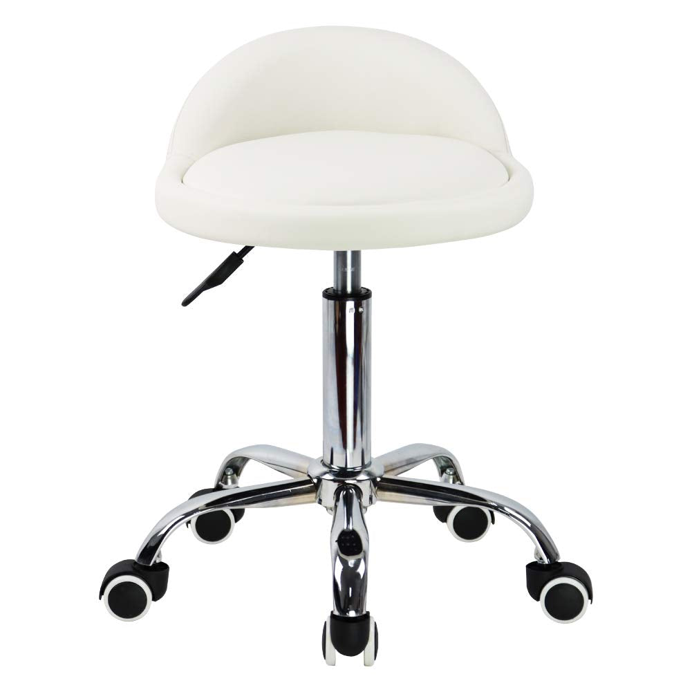 PU Leather Round Rolling Stool with Back Rest Height Adjustable Swivel Drafting Work SPA Task Chair with Wheels (White)