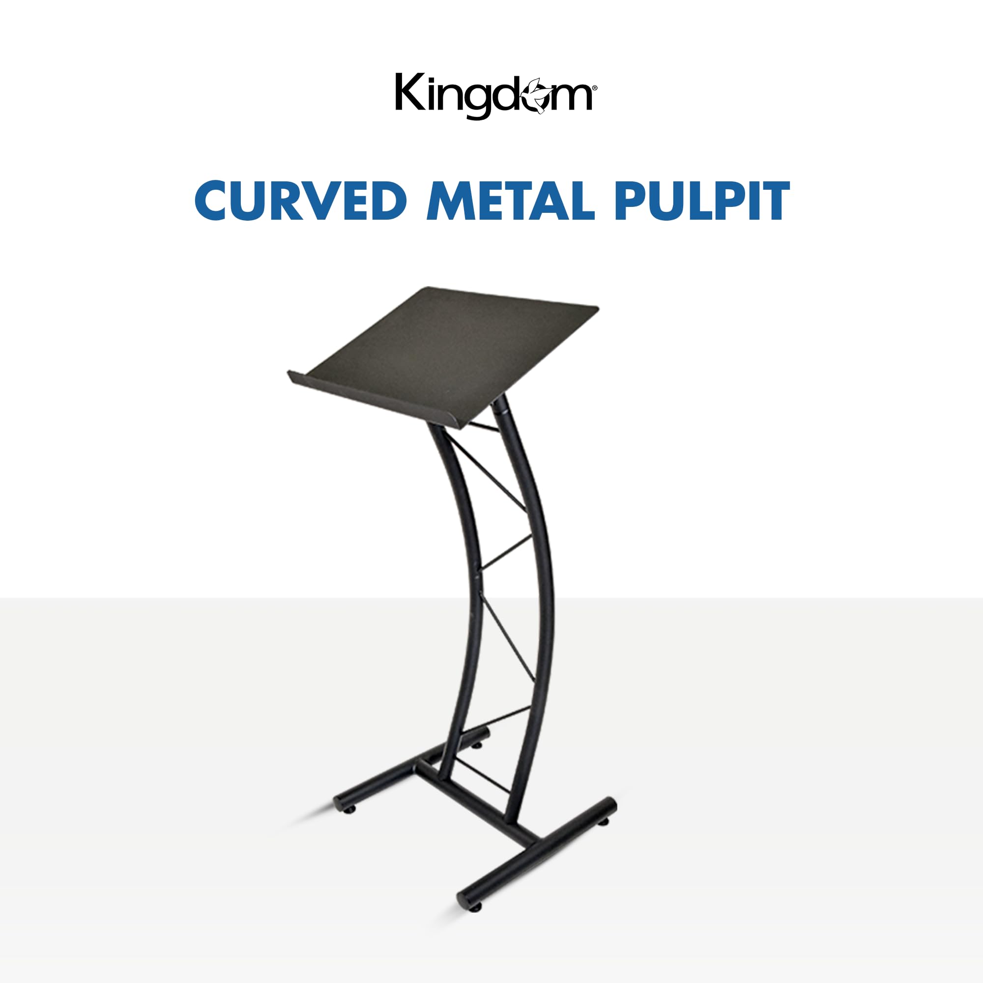 All Metal-Constructed Curved Lectern with “H” Style Base, Stand up Church Pulpit, Slanted Lectern, Conference Podium for Speakers, Speeches, Other Occasions, Powder Coat Finish Black